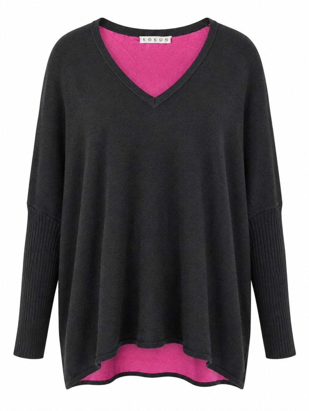 KOKUN | Cozy Black Bamboo Cashmere V-Neck Oversized Dolman Boxy Sweater |  M L